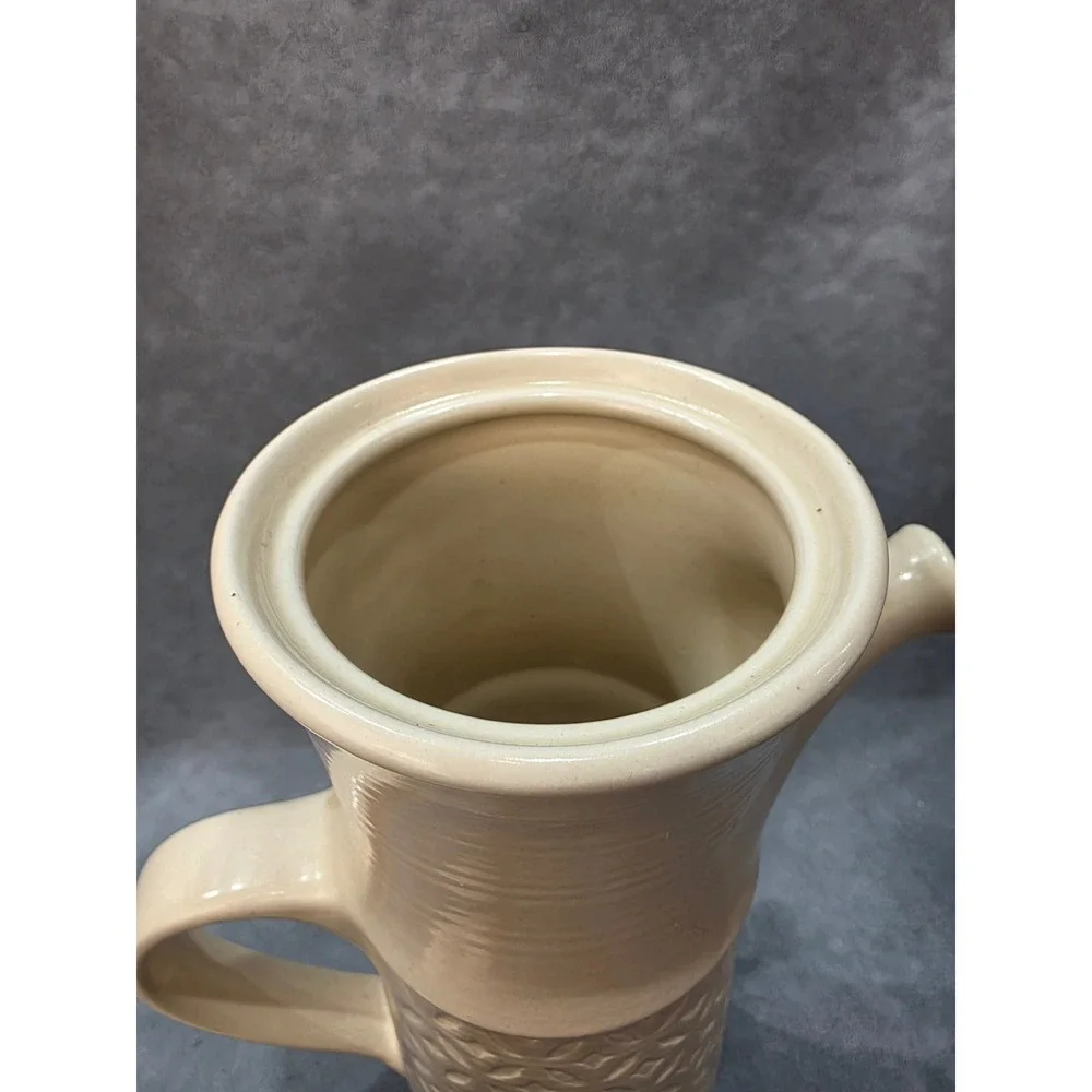 Handmade Studio Pottery Ceramic Pitcher with Lid Cream Geometric Embossed 13.5in